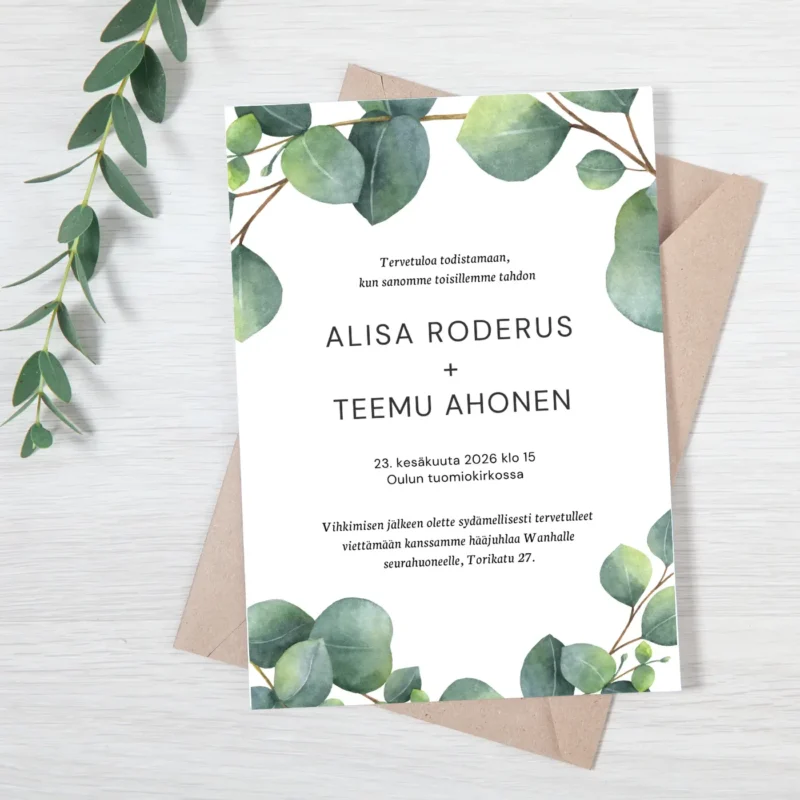 Kuva kirjekuoren päällä olevasta kutsukortista