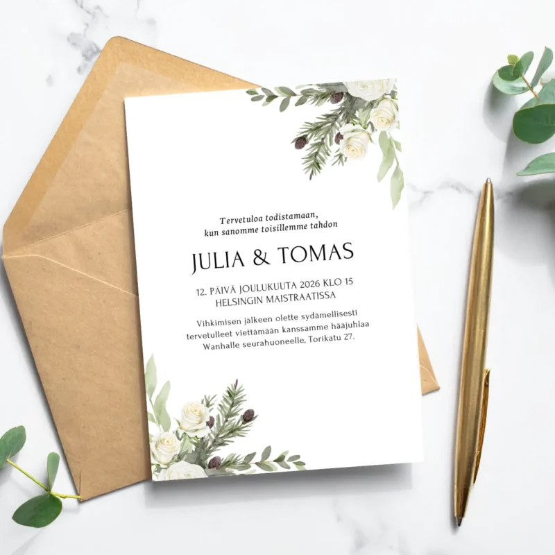 Kuvassa hääkutsu, kirjekuori ja kynä