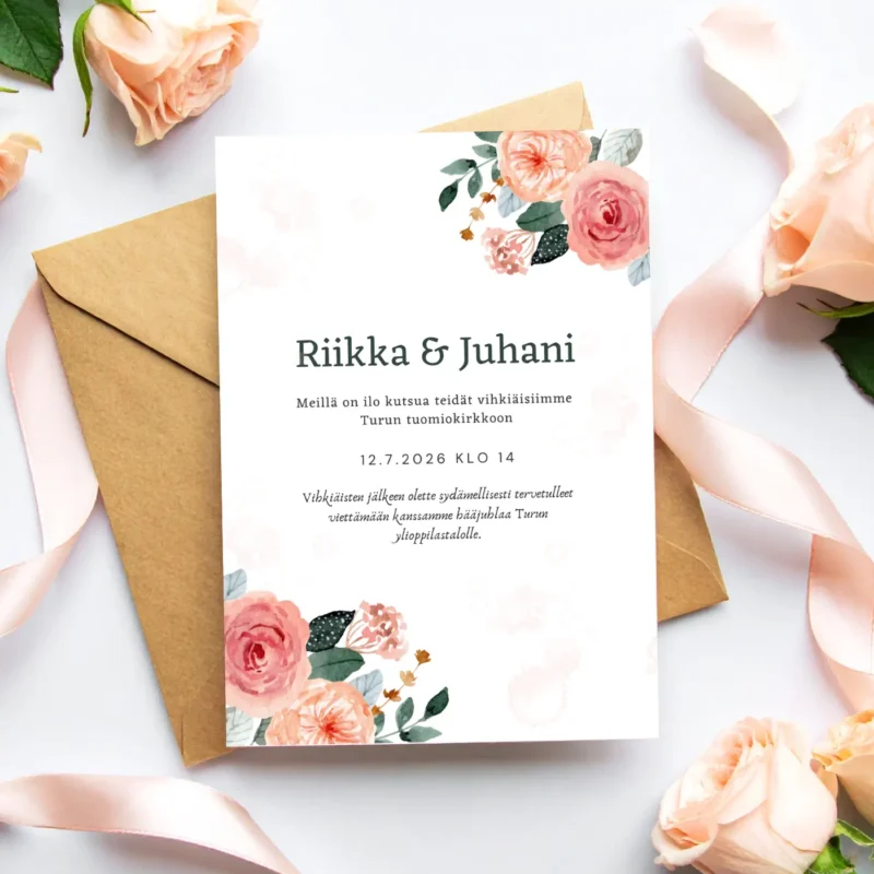 Kuva kutsukortista ja kirjekuoresta