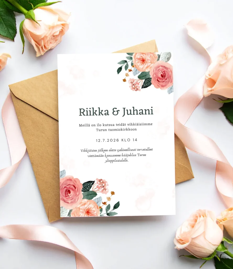 Kuva kutsukortista ja kirjekuoresta