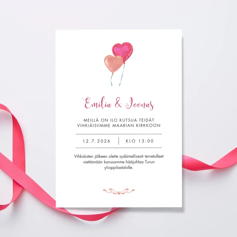 Kuvassa hääkutsu ja pinkkiä nauhaa