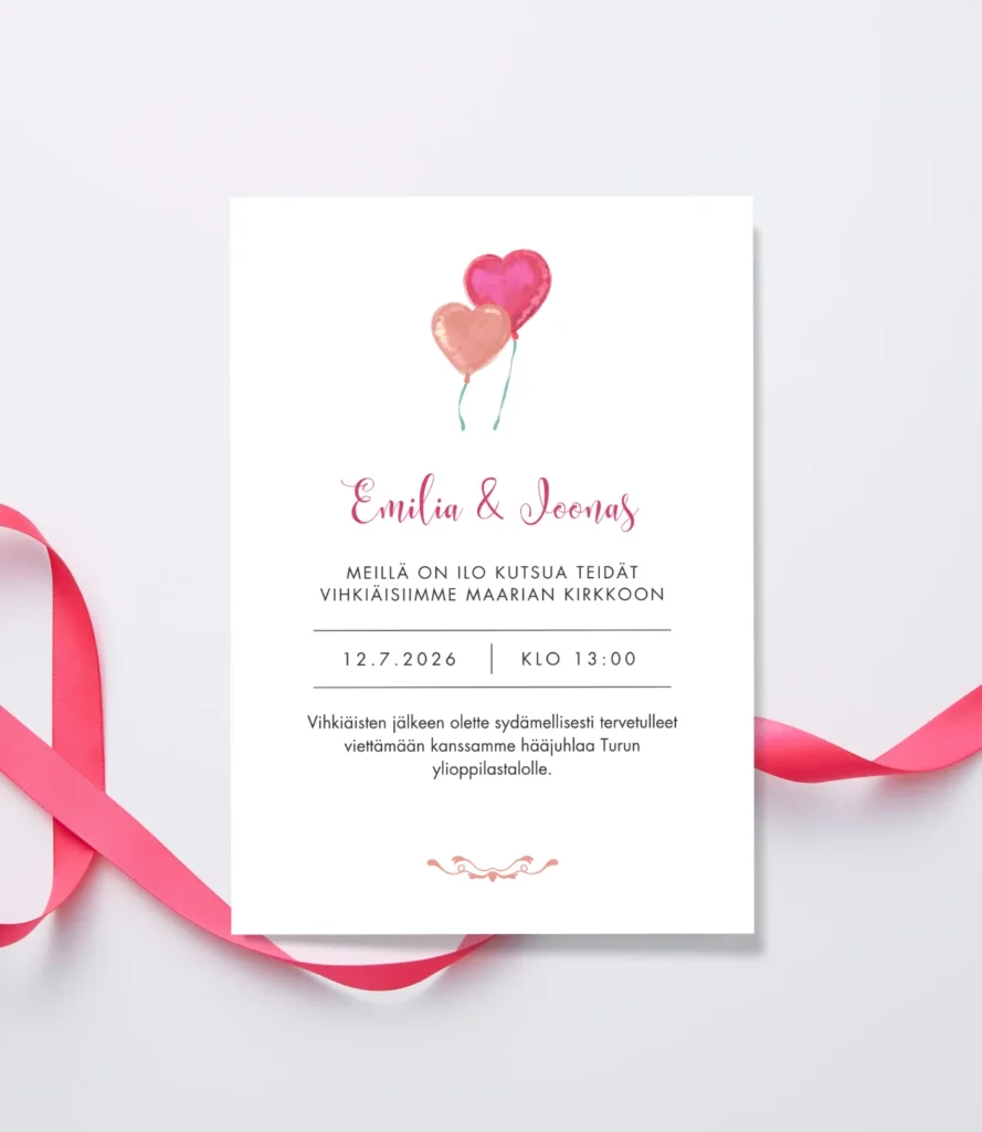 Kuvassa hääkutsu ja pinkkiä nauhaa