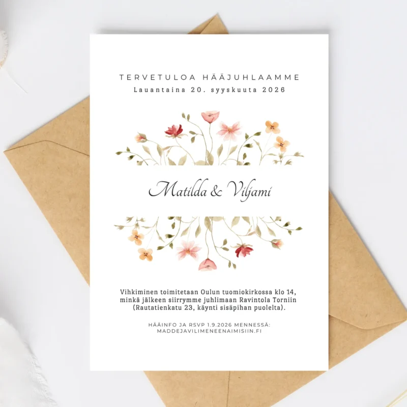 Kuvassa hääkutsu ja kirjekuori