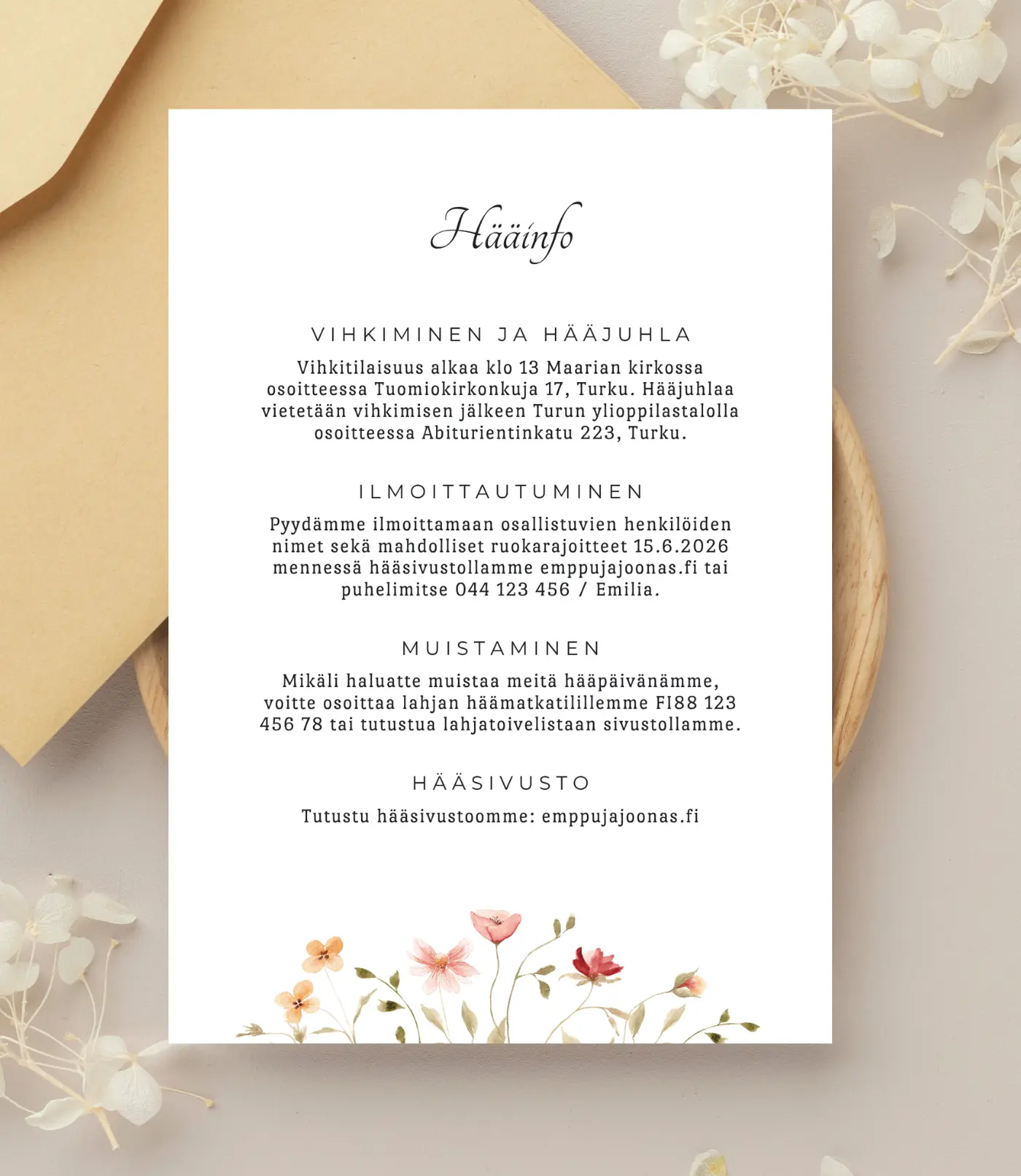 Kuvassa infokortti ja kirjekuori