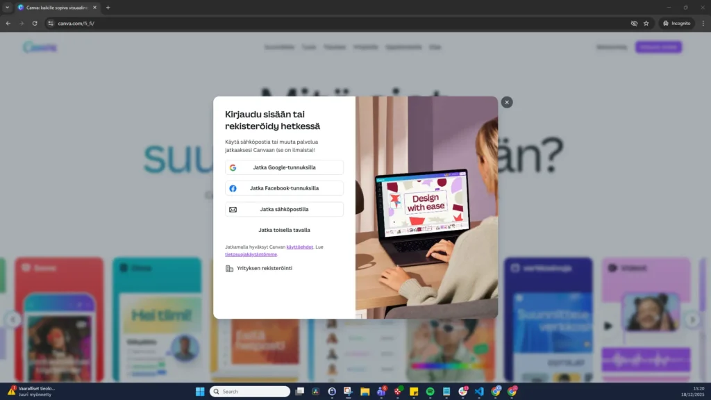 Canvan rekisteröitymissivu