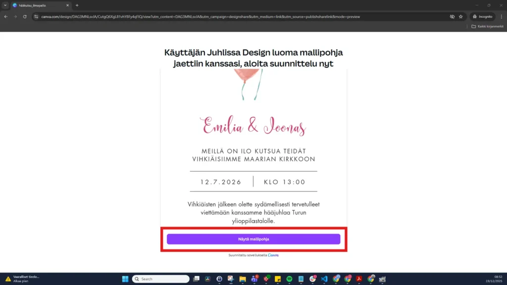 Canva mallipohjan avaaminen