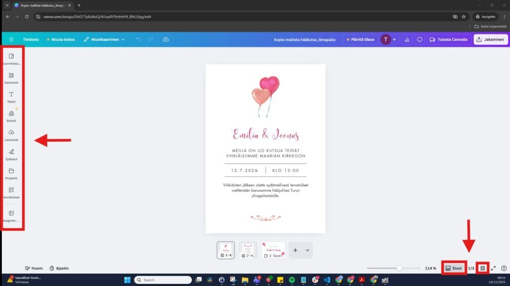 Canvan työtila ja hääkutsupohja