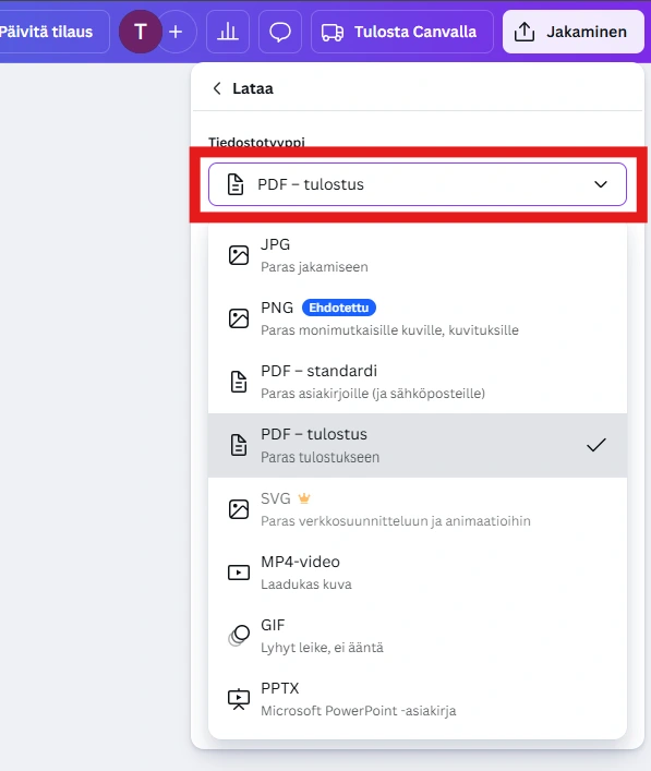 Canva tiedostomuodon valinta
